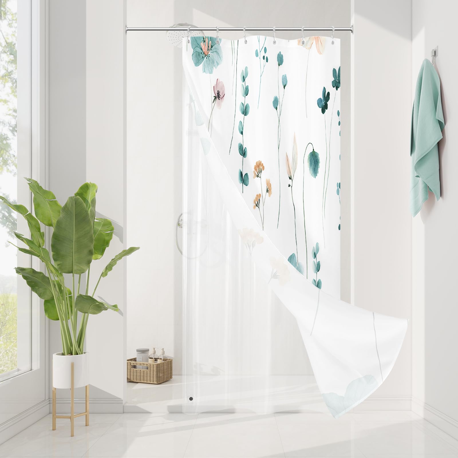 Gibelle 3 in 1 Shower Curtain Set, Sage Green Watercolor Floral Bath Curtain and PEVA Liner Set with 12 Double Sided Steel Hooks, Waterproof Fabric Bathroom Curtain 72x72