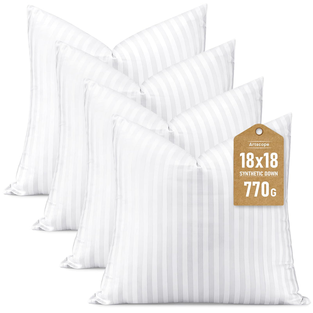 Artscope Synthetic Down Pillow Insert, 18x18 Down Alternative Throw Pillow Insert. Ultra Soft Fluffy Sleeping Pillow with 100% Cotton Cover, Decorative Pillows Set of 4-White.