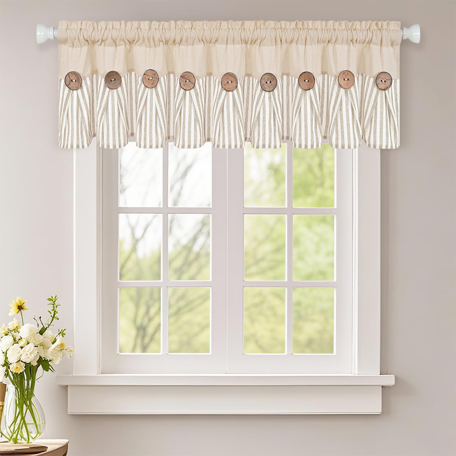 ASPMIZ Linen Kitchen Curtains 24 Inch Length, Farmhouse Boho Button Kitchen Window Curtain Over Sink, Green Striped Short Curtains for Small Windows, Bathroom, Rod Pocket Window Treatment Tiers