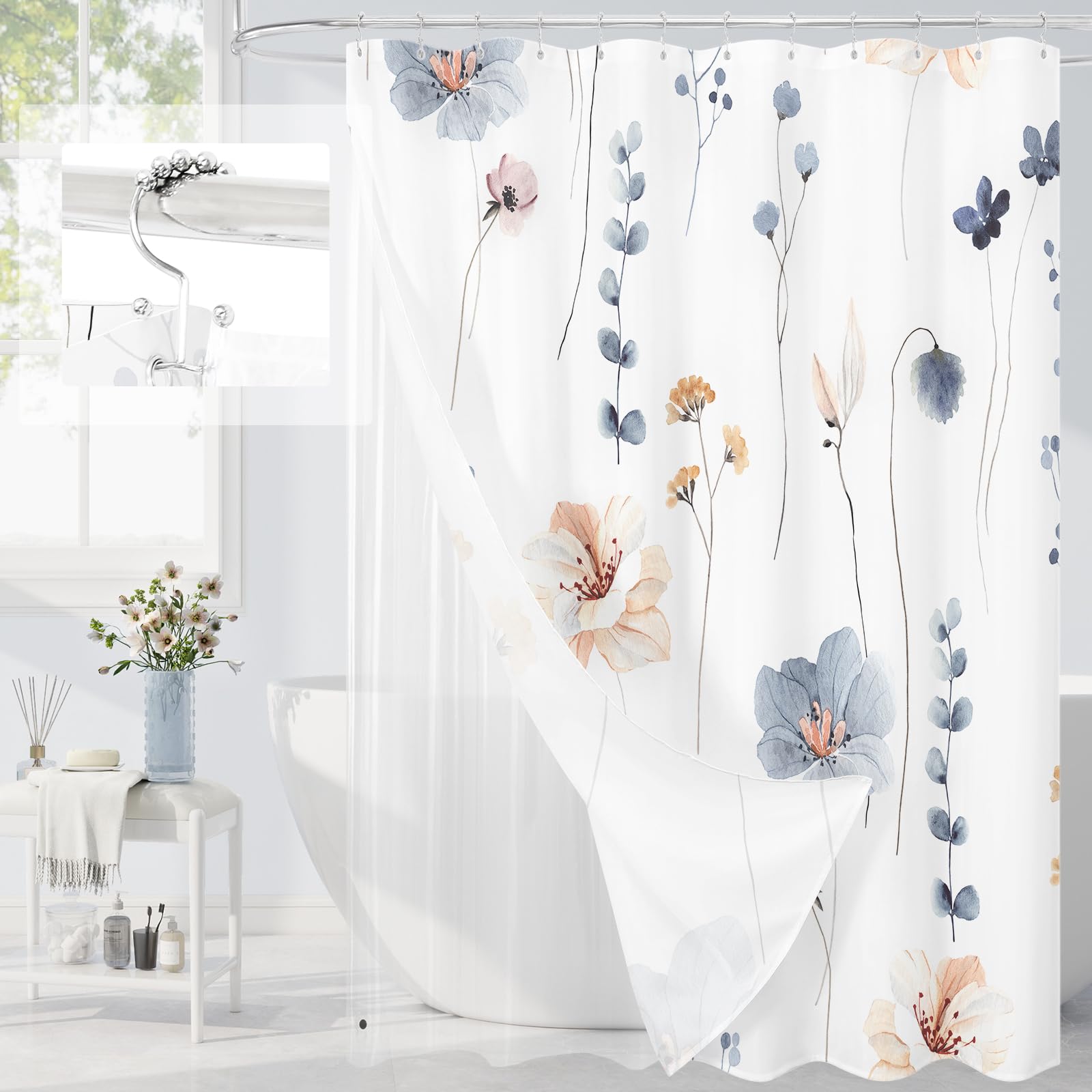 Gibelle 3 in 1 Shower Curtain Set, Sage Green Watercolor Floral Bath Curtain and PEVA Liner Set with 12 Double Sided Steel Hooks, Waterproof Fabric Bathroom Curtain 72x72