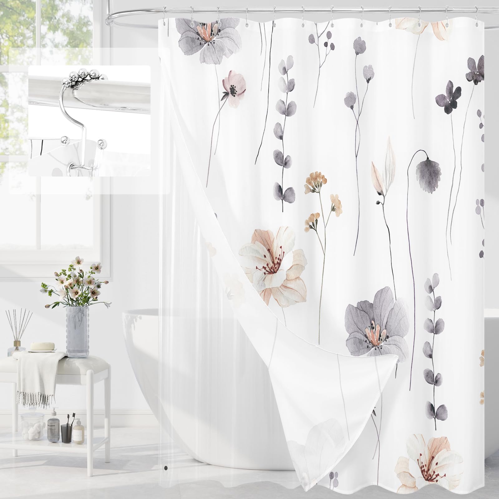 Gibelle 3 in 1 Shower Curtain Set, Sage Green Watercolor Floral Bath Curtain and PEVA Liner Set with 12 Double Sided Steel Hooks, Waterproof Fabric Bathroom Curtain 72x72