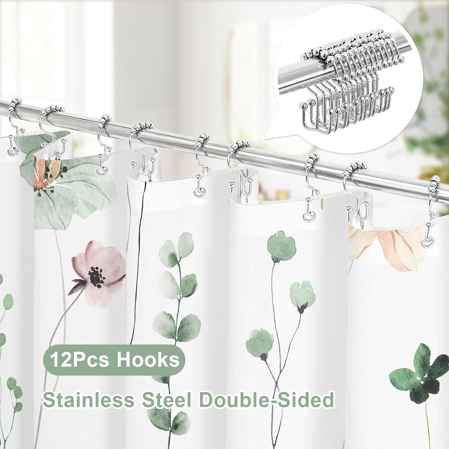 Gibelle 3 in 1 Shower Curtain Set, Sage Green Watercolor Floral Bath Curtain and PEVA Liner Set with 12 Double Sided Steel Hooks, Waterproof Fabric Bathroom Curtain 72x72
