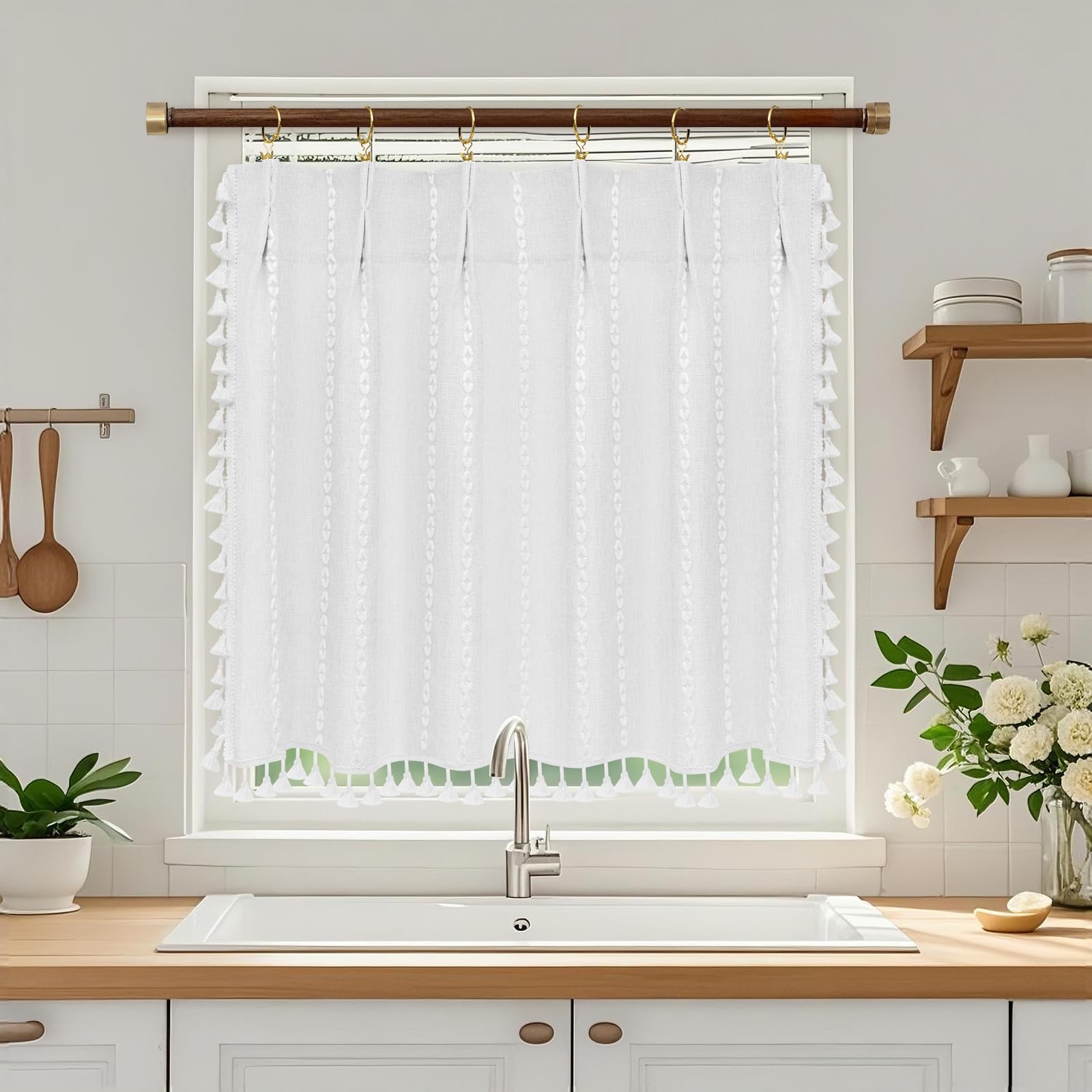 Boho Chic Shower Curtain Heavyweight with Tassels, Grey Linen Textured Soft Fabric Farmhouse Shower Curtain Water Repellent, 72 x 72 Inch Elegant Gray Striped Bathroom Curtain Wrinkle-Resistant