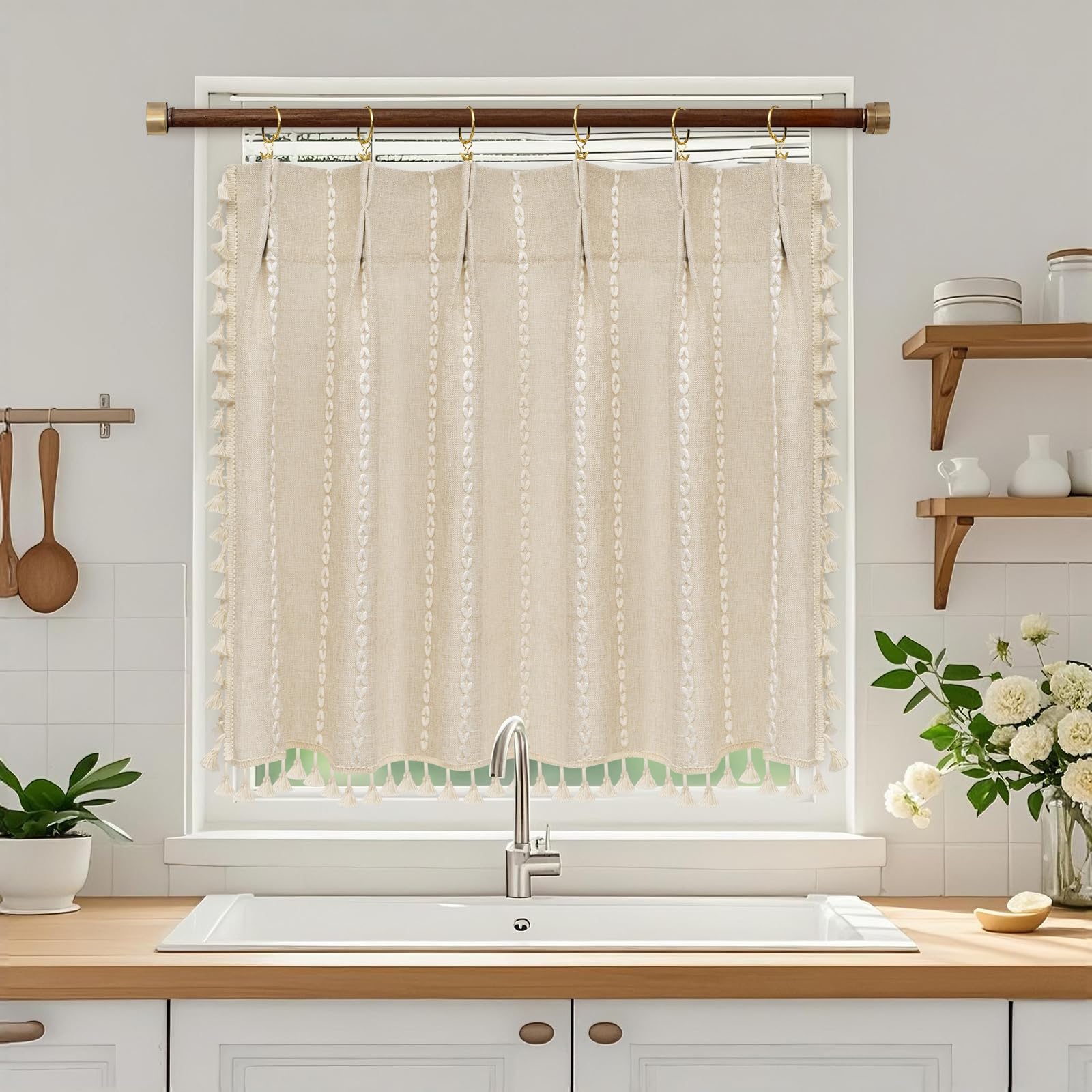 Boho Chic Shower Curtain Heavyweight with Tassels, Grey Linen Textured Soft Fabric Farmhouse Shower Curtain Water Repellent, 72 x 72 Inch Elegant Gray Striped Bathroom Curtain Wrinkle-Resistant