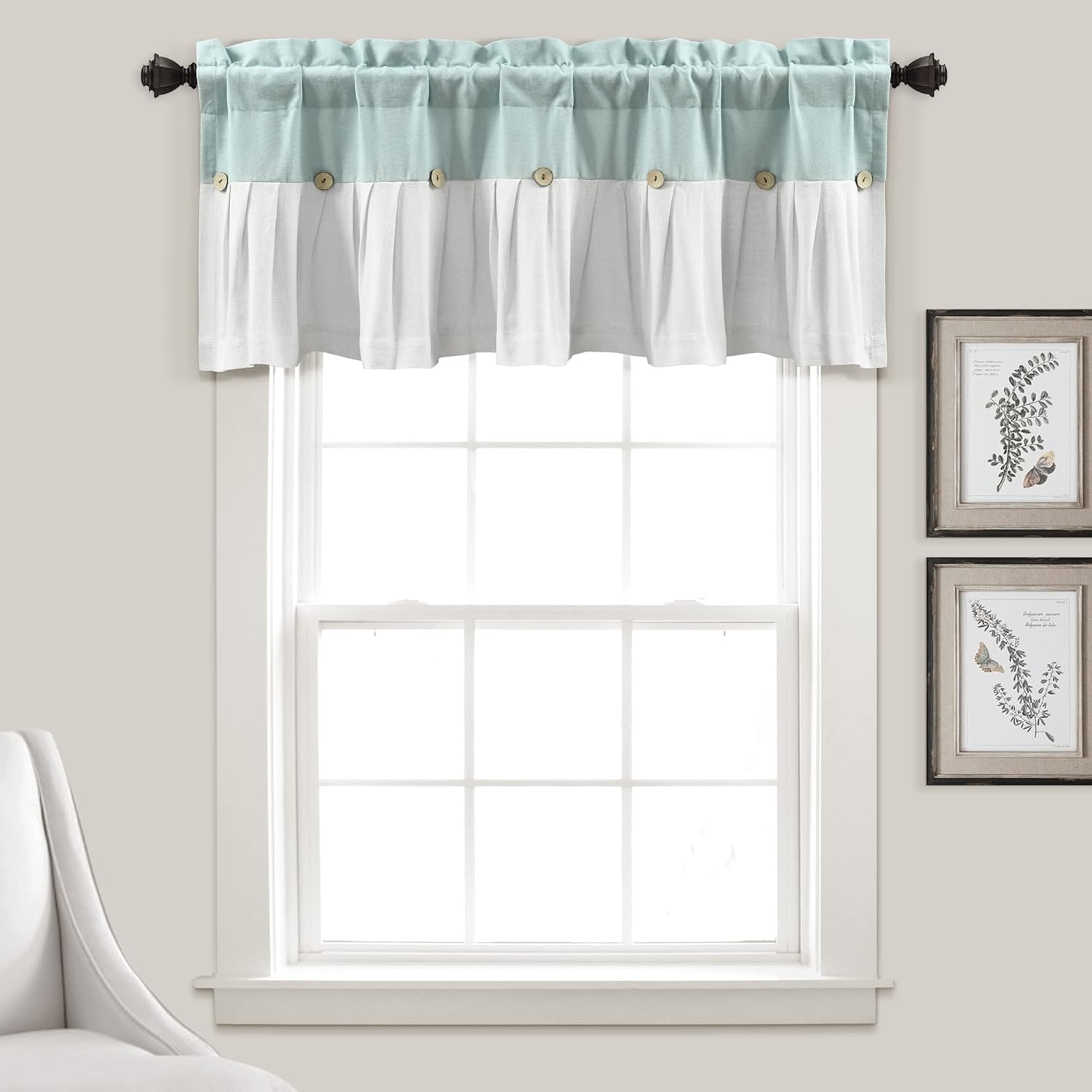 Lush Decor Linen Button Farmhouse Valance Curtians 52"W x 18"L Blue & White - Linen Valances For Windows - Kitchen Curtains Valances - Bathroom Curtain