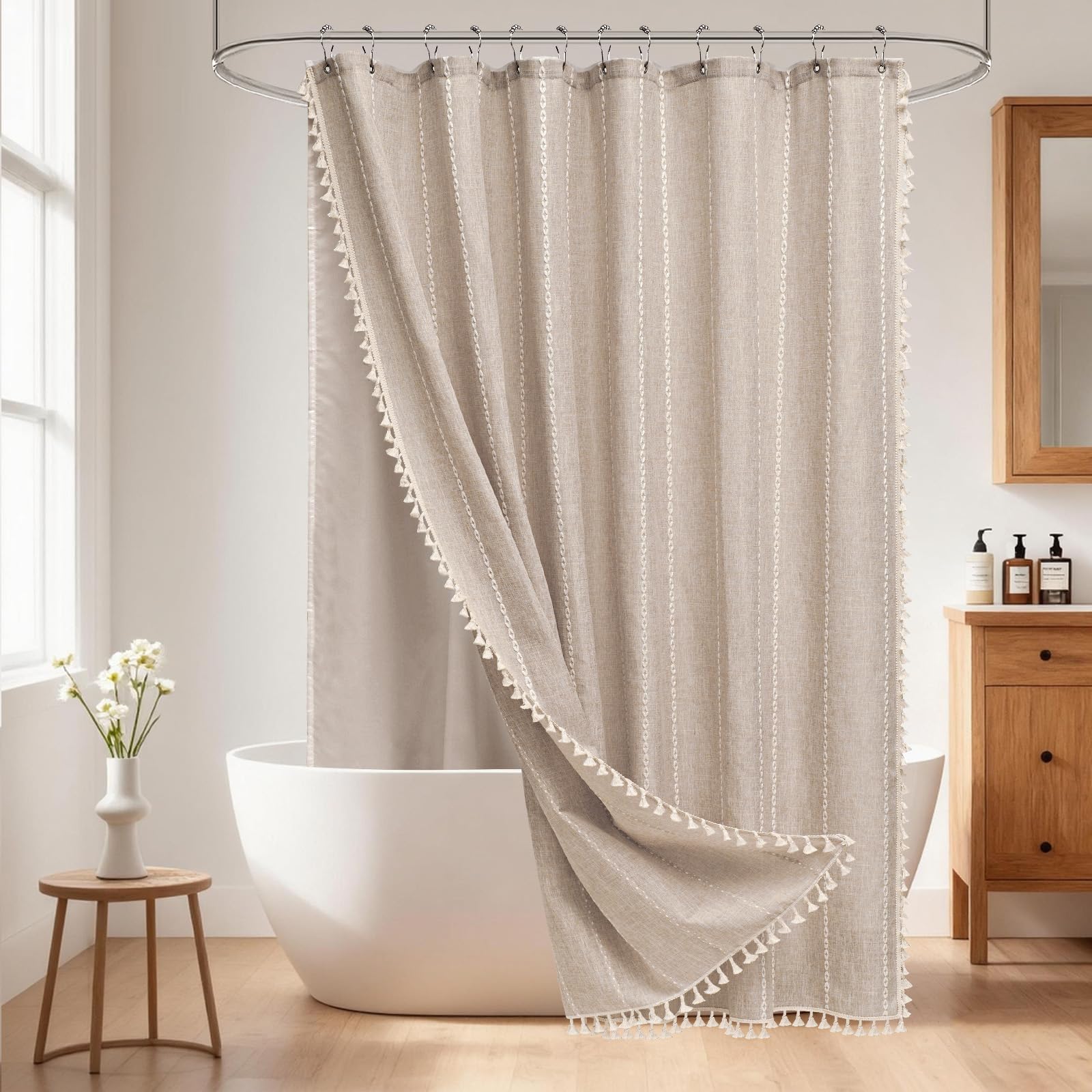 Boho Chic Shower Curtain Heavyweight with Tassels, Grey Linen Textured Soft Fabric Farmhouse Shower Curtain Water Repellent, 72 x 72 Inch Elegant Gray Striped Bathroom Curtain Wrinkle-Resistant