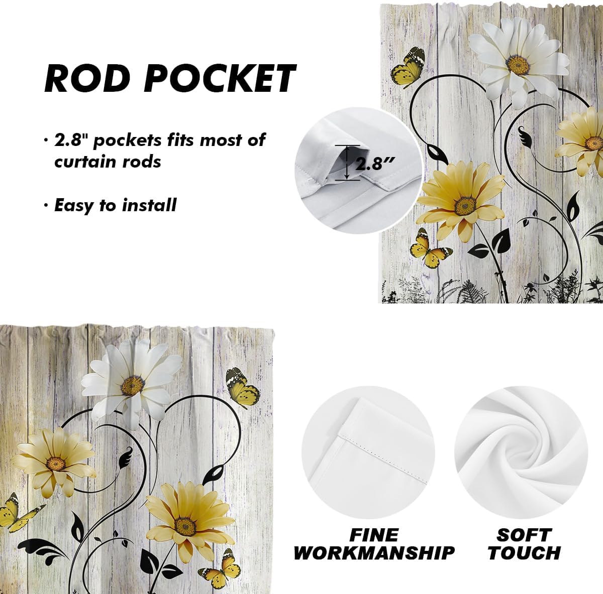 AAtter Yellow Floral Kitchen Valances Curtains for Window Farmhouse Vintage Rustic Retro Flower Fun Small Short Home Living Room Bedroom Bathroom Rod Pocket Drape Fabric 2 Piece, 52" W x 18" L*2, Cute