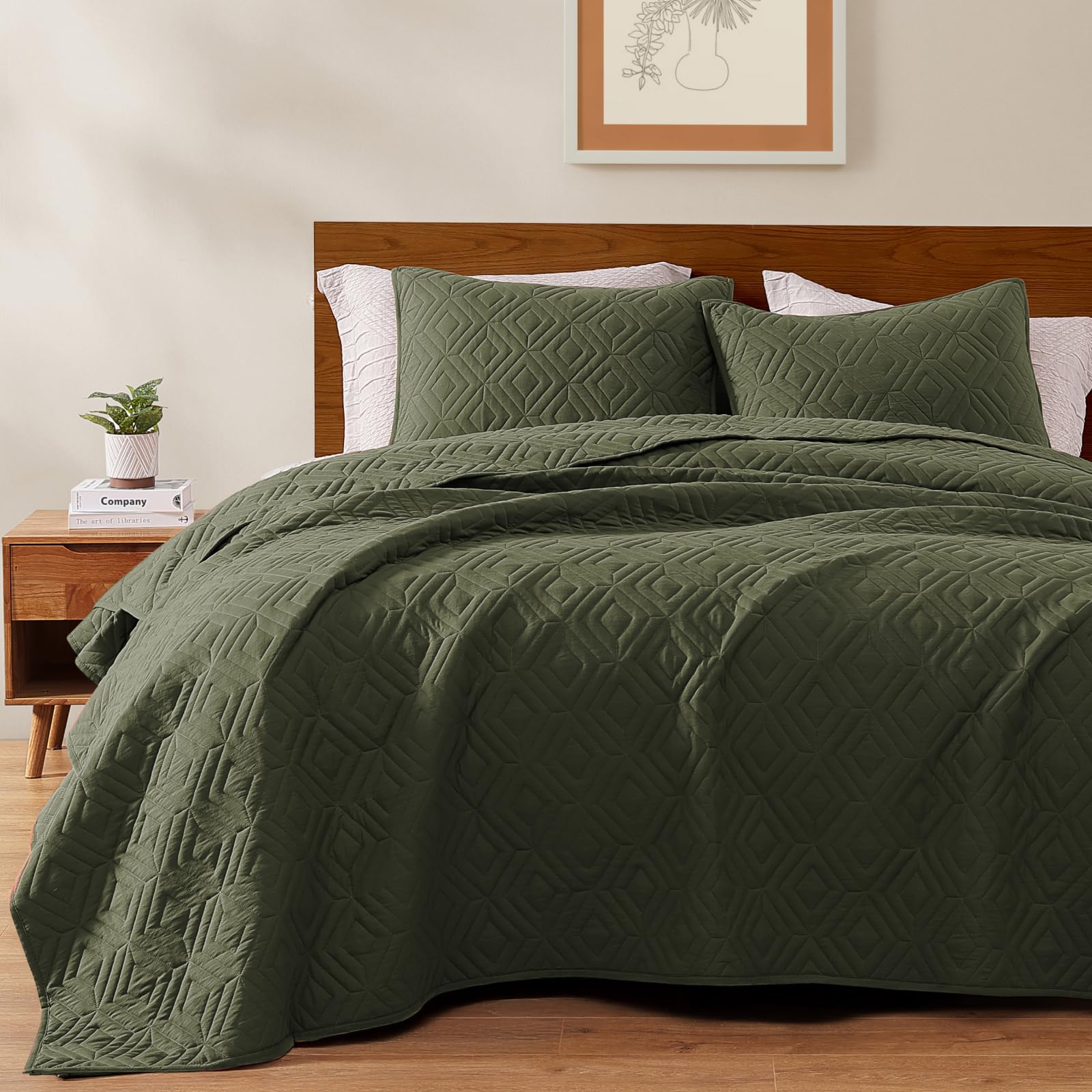 WRENSONGE Queen Quilt-3 Pieces Lightweight Bedspreads Olive Green Queen Size Quilt Bedding Set for All Seasons, Soft Summer Coverlet with 2 Pillow Shams Suitable for Bed & Couch