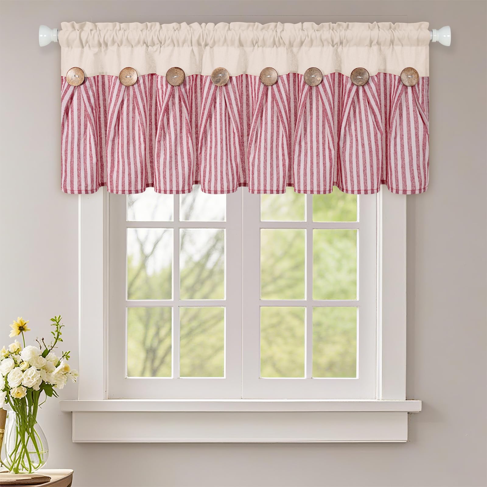 ASPMIZ Linen Kitchen Curtains 24 Inch Length, Farmhouse Boho Button Kitchen Window Curtain Over Sink, Green Striped Short Curtains for Small Windows, Bathroom, Rod Pocket Window Treatment Tiers