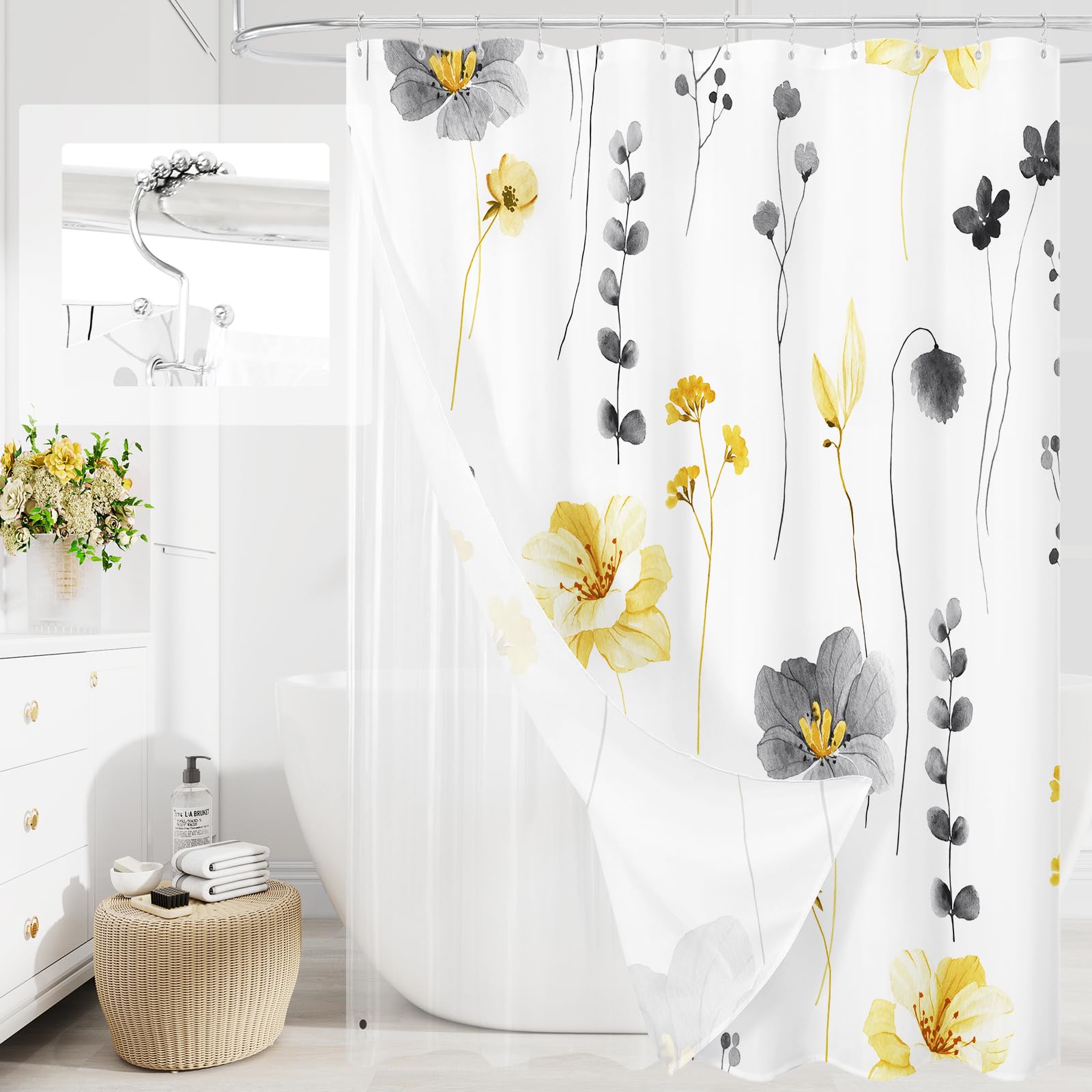 Gibelle 3 in 1 Shower Curtain Set, Sage Green Watercolor Floral Bath Curtain and PEVA Liner Set with 12 Double Sided Steel Hooks, Waterproof Fabric Bathroom Curtain 72x72