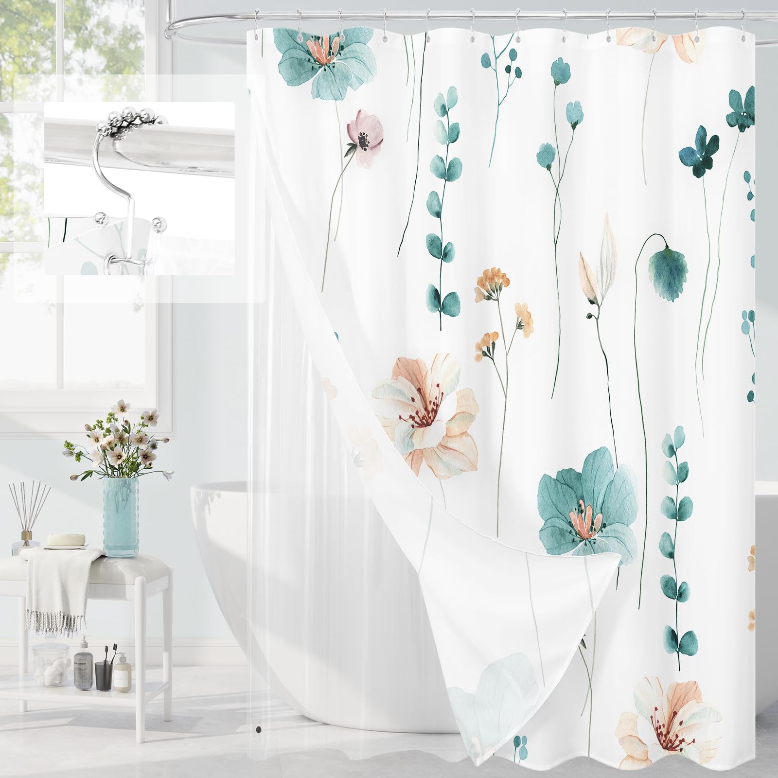 Gibelle 3 in 1 Shower Curtain Set, Sage Green Watercolor Floral Bath Curtain and PEVA Liner Set with 12 Double Sided Steel Hooks, Waterproof Fabric Bathroom Curtain 72x72
