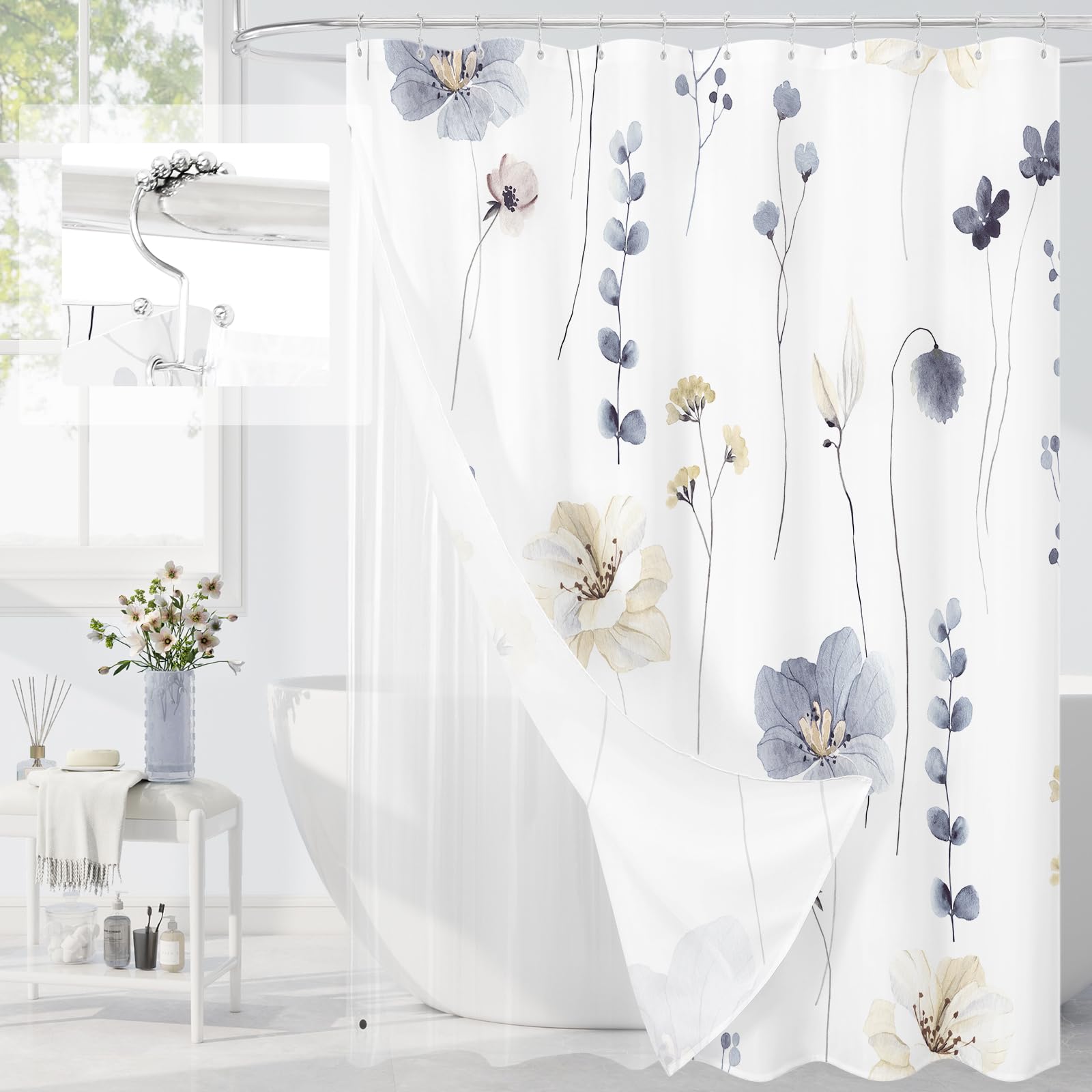 Gibelle 3 in 1 Shower Curtain Set, Sage Green Watercolor Floral Bath Curtain and PEVA Liner Set with 12 Double Sided Steel Hooks, Waterproof Fabric Bathroom Curtain 72x72