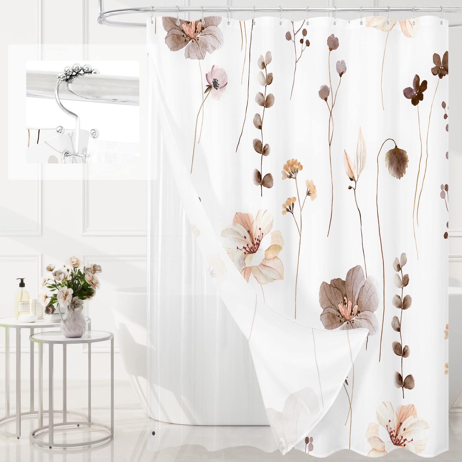 Gibelle 3 in 1 Shower Curtain Set, Sage Green Watercolor Floral Bath Curtain and PEVA Liner Set with 12 Double Sided Steel Hooks, Waterproof Fabric Bathroom Curtain 72x72