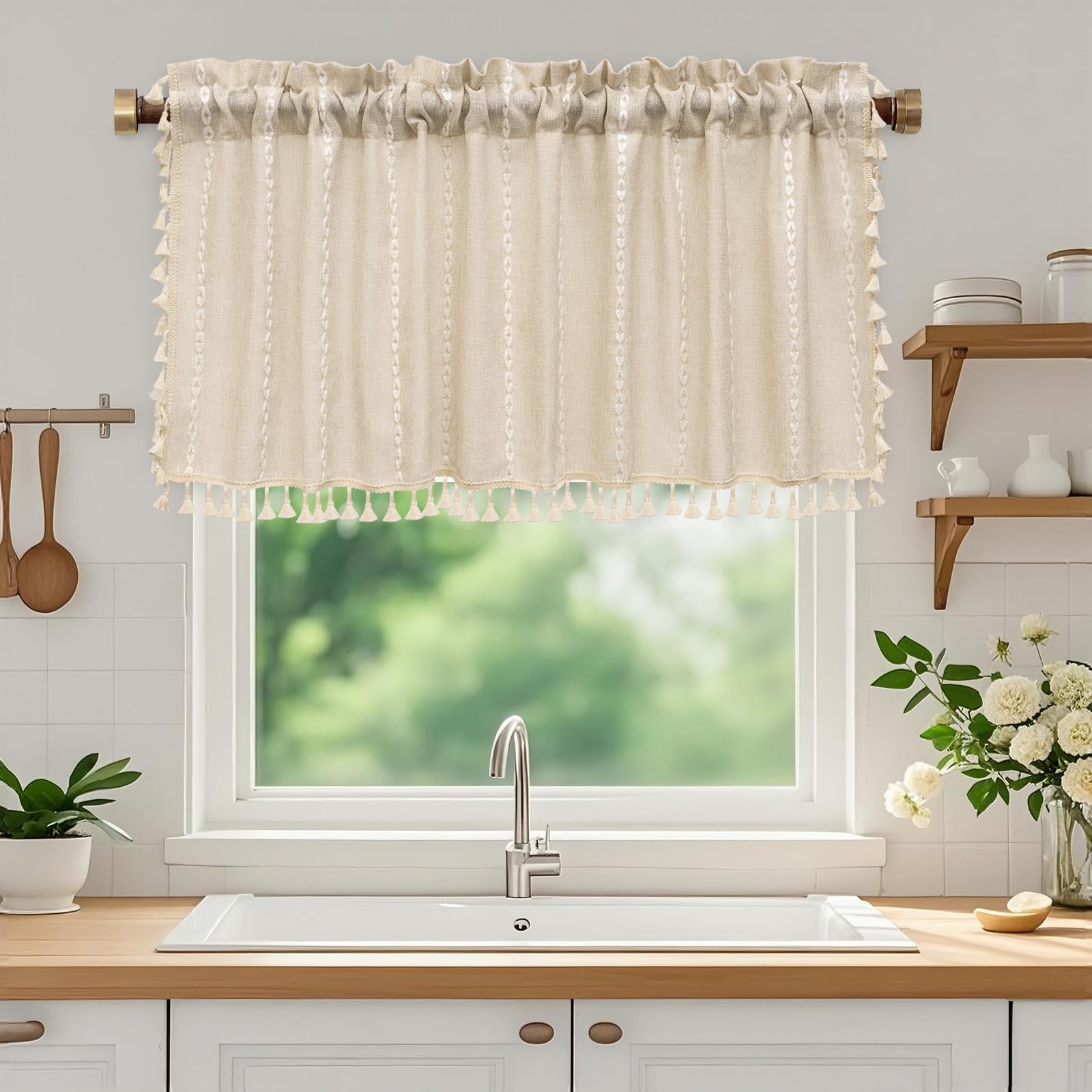 Boho Chic Shower Curtain Heavyweight with Tassels, Grey Linen Textured Soft Fabric Farmhouse Shower Curtain Water Repellent, 72 x 72 Inch Elegant Gray Striped Bathroom Curtain Wrinkle-Resistant