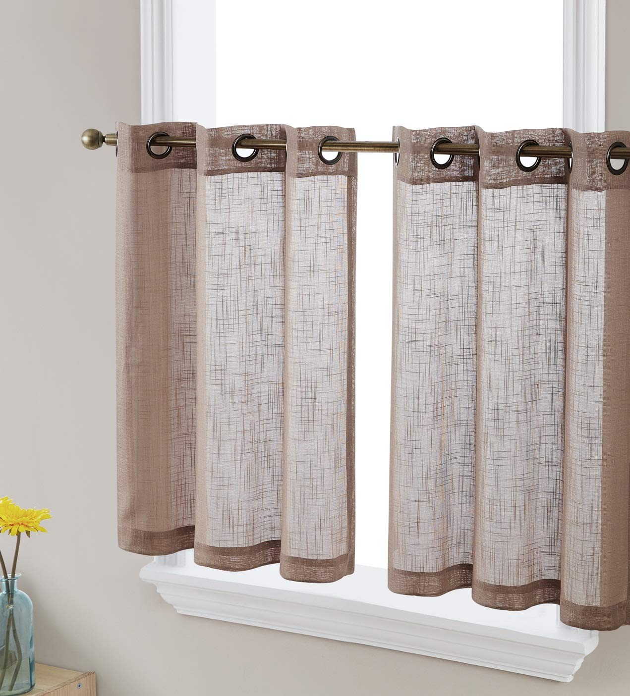 HLC.ME Abbey Faux Linen Textured Semi Sheer Privacy Light Filtering Transparent Thick Half Short Grommet Curtain Valance Topper for Small Windows, Bedroom & Bathroom (54 W x 18 L, Oatmeal Beige)