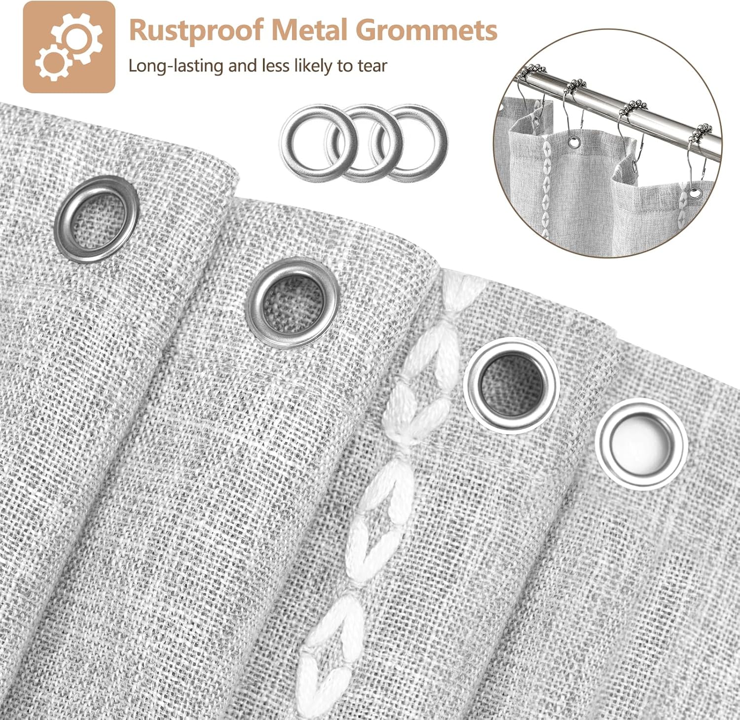 Boho Chic Shower Curtain Heavyweight with Tassels, Grey Linen Textured Soft Fabric Farmhouse Shower Curtain Water Repellent, 72 x 72 Inch Elegant Gray Striped Bathroom Curtain Wrinkle-Resistant