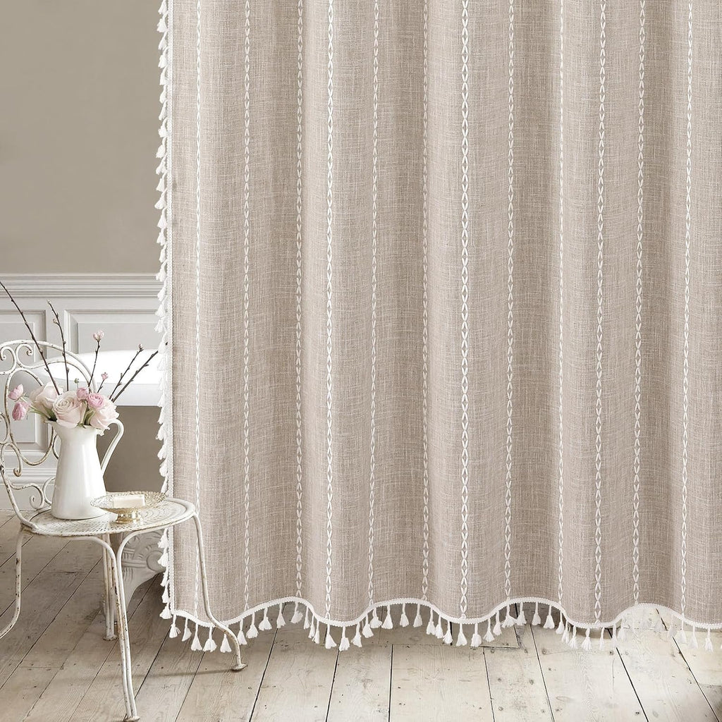 MitoVilla No Hooks Required Boho Farmhouse Shower Curtain with Snap-in Liner, Taupe Cotton Linen Fabric Shower Curtains with Tassels for Rustic Neutral Bathroom Decor,72 x 74