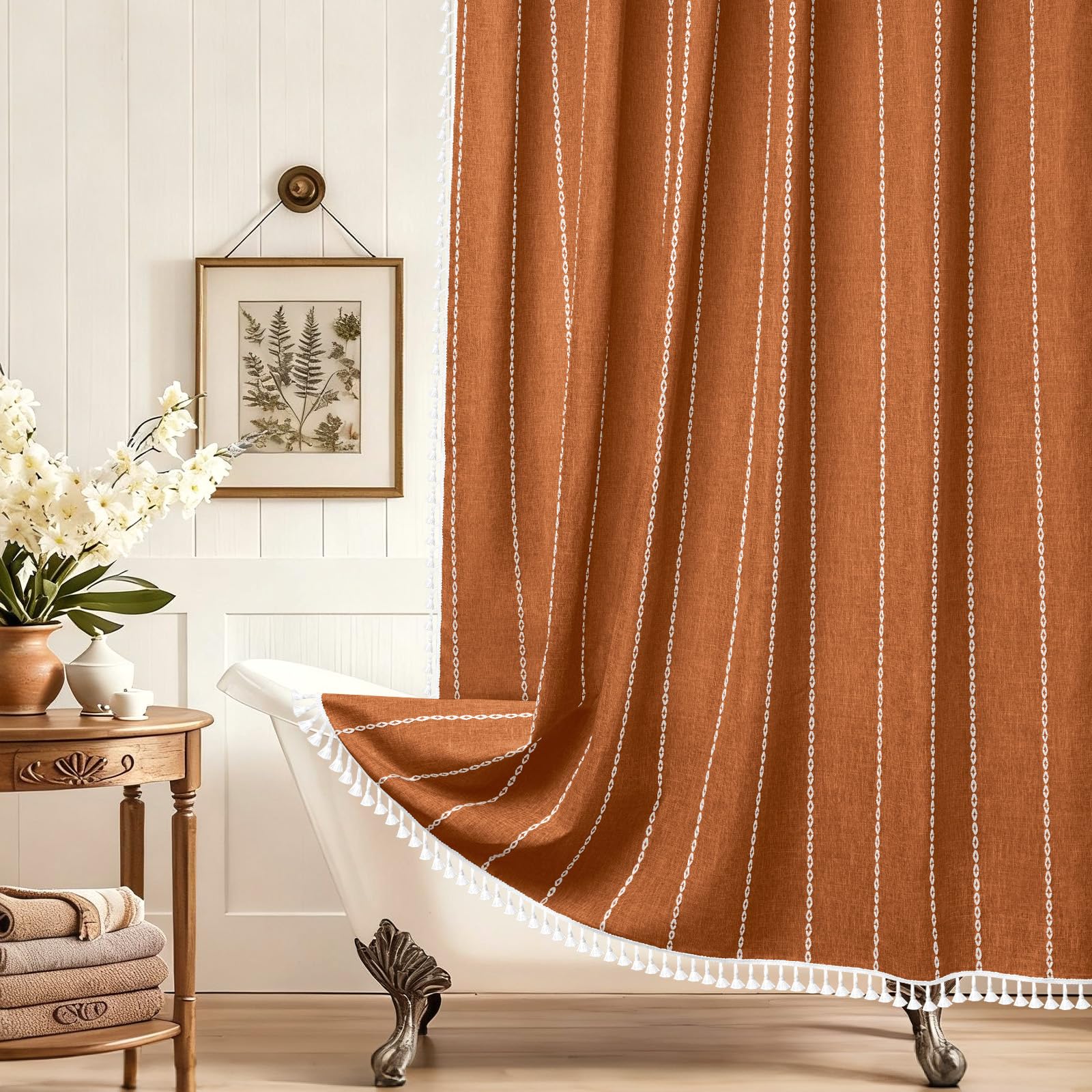 Boho Chic Shower Curtain Heavyweight with Tassels, Grey Linen Textured Soft Fabric Farmhouse Shower Curtain Water Repellent, 72 x 72 Inch Elegant Gray Striped Bathroom Curtain Wrinkle-Resistant