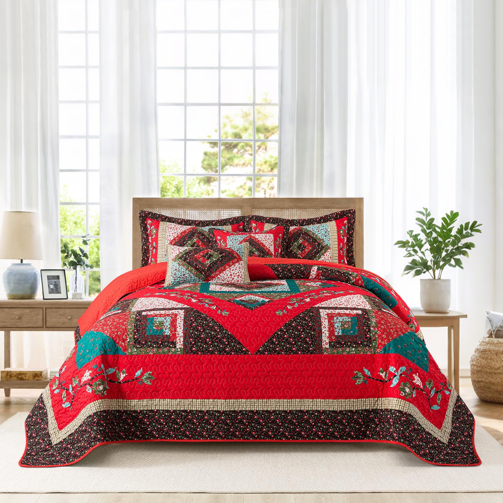 BEDIFANY Cotton King Size Quilt Sets, Lightweight King Quilt Bedding Set (98 x 106 inch) Garden Style Floral Bedspread King Size Coverlet Set for Bed Decorations - All Seasons, 3 Pieces