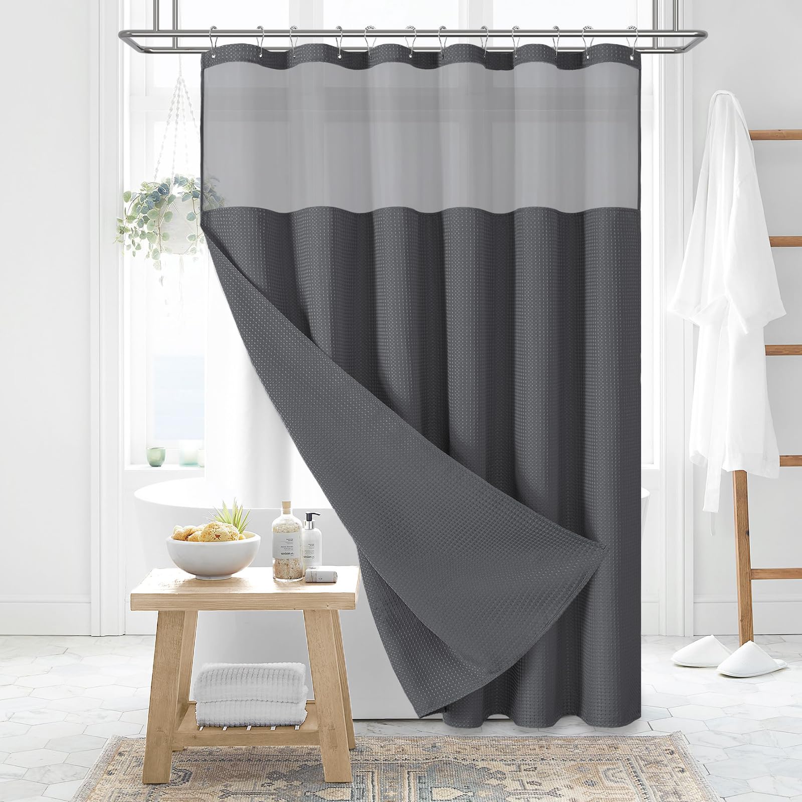 Dynamene Extra Long Shower Curtain,84 Inch Long Beige Waffle Weave Weighted Thick Fabric Bathroom Shower Curtain, Neutral Large Hotel Bath Curtain Set with 12 Plastic Hooks,72x84,Beige/Khaki