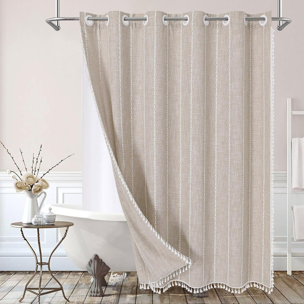 MitoVilla No Hooks Required Boho Farmhouse Shower Curtain with Snap-in Liner, Taupe Cotton Linen Fabric Shower Curtains with Tassels for Rustic Neutral Bathroom Decor,72 x 74