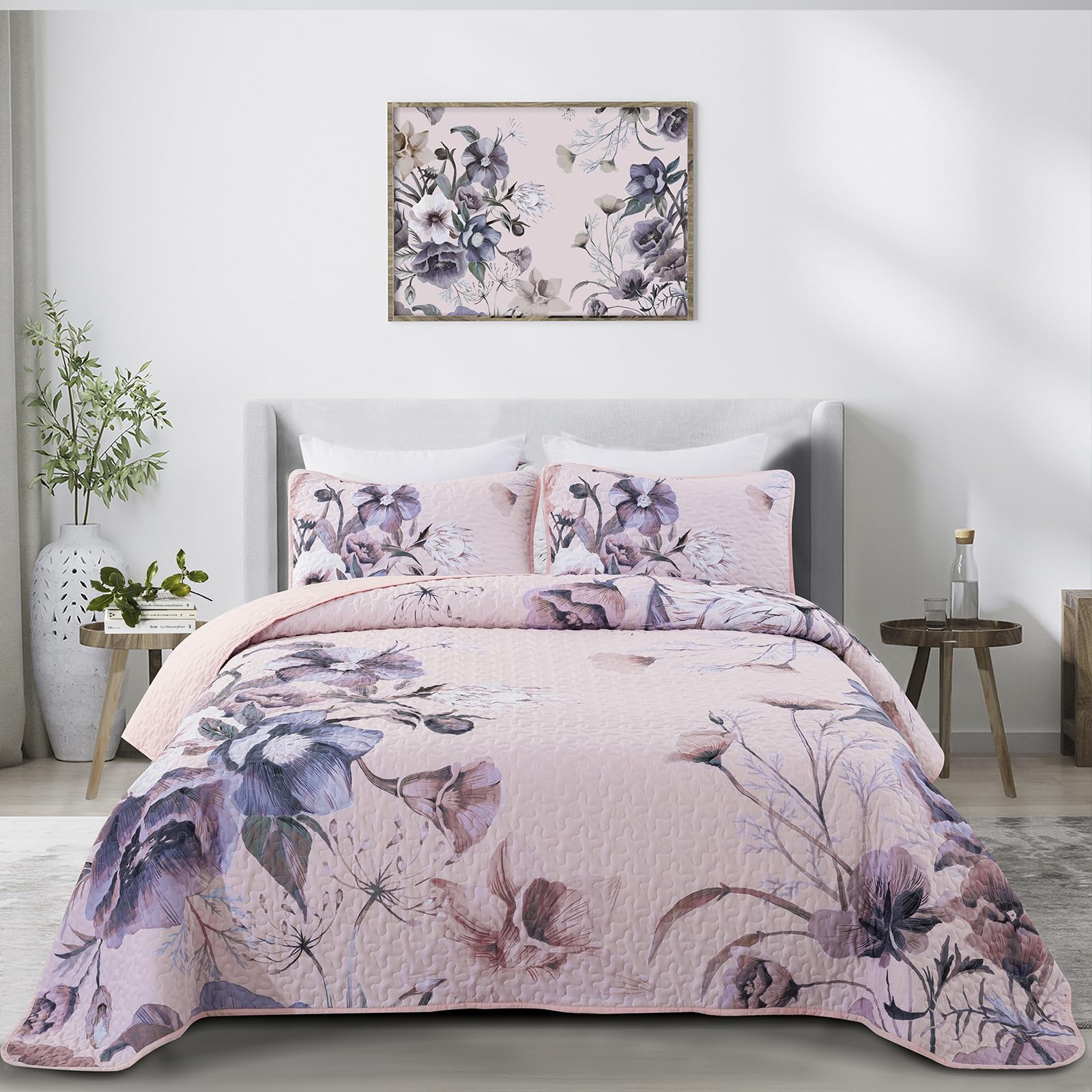 Floral Quilt Set Queen 3 Pieces Grey Floral Quilt Coverlet Set Soft Microfiber Lightweight White Quilted Bedspread for All Season 90"x96"
