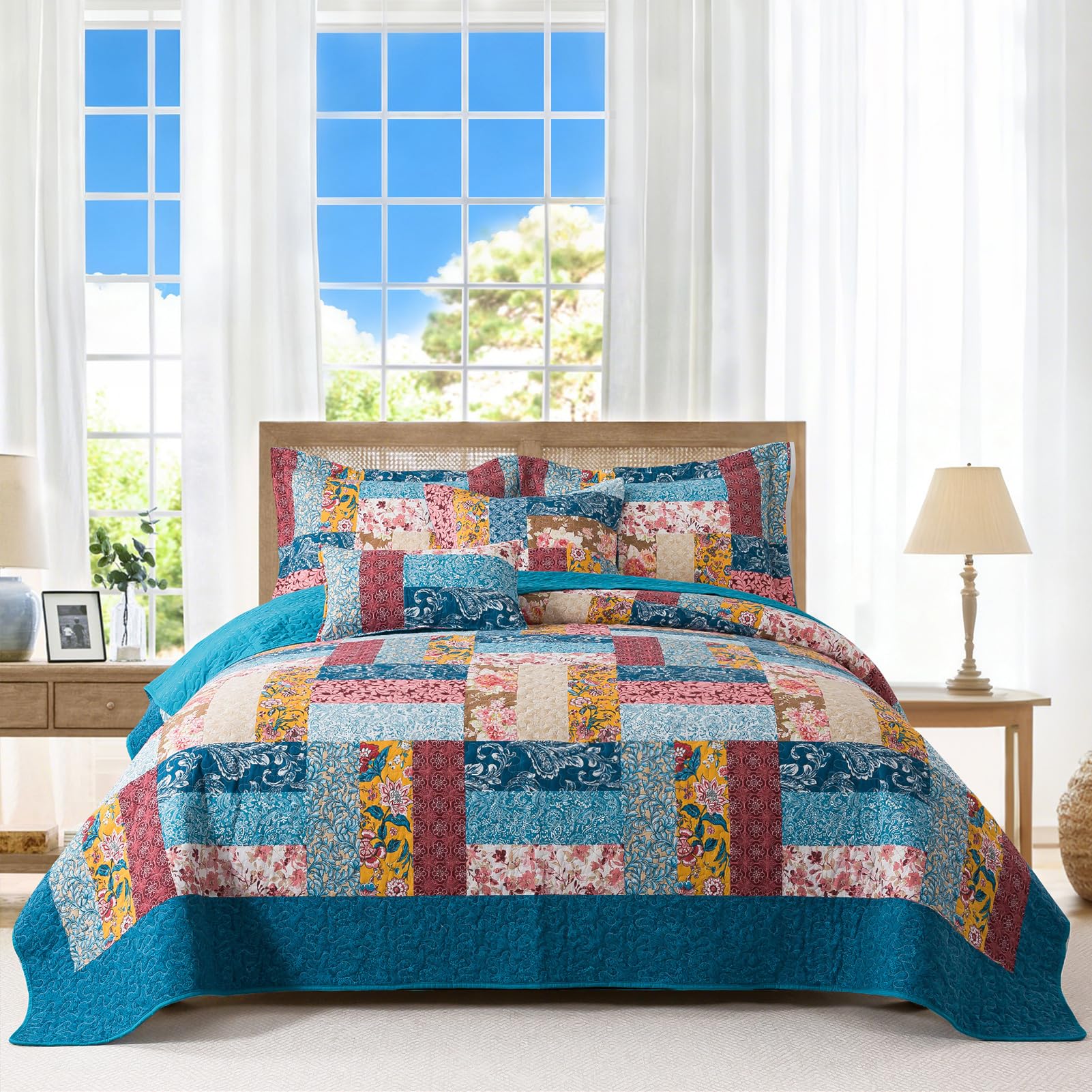 BEDIFANY Cotton King Size Quilt Sets, Lightweight King Quilt Bedding Set (98 x 106 inch) Garden Style Floral Bedspread King Size Coverlet Set for Bed Decorations - All Seasons, 3 Pieces