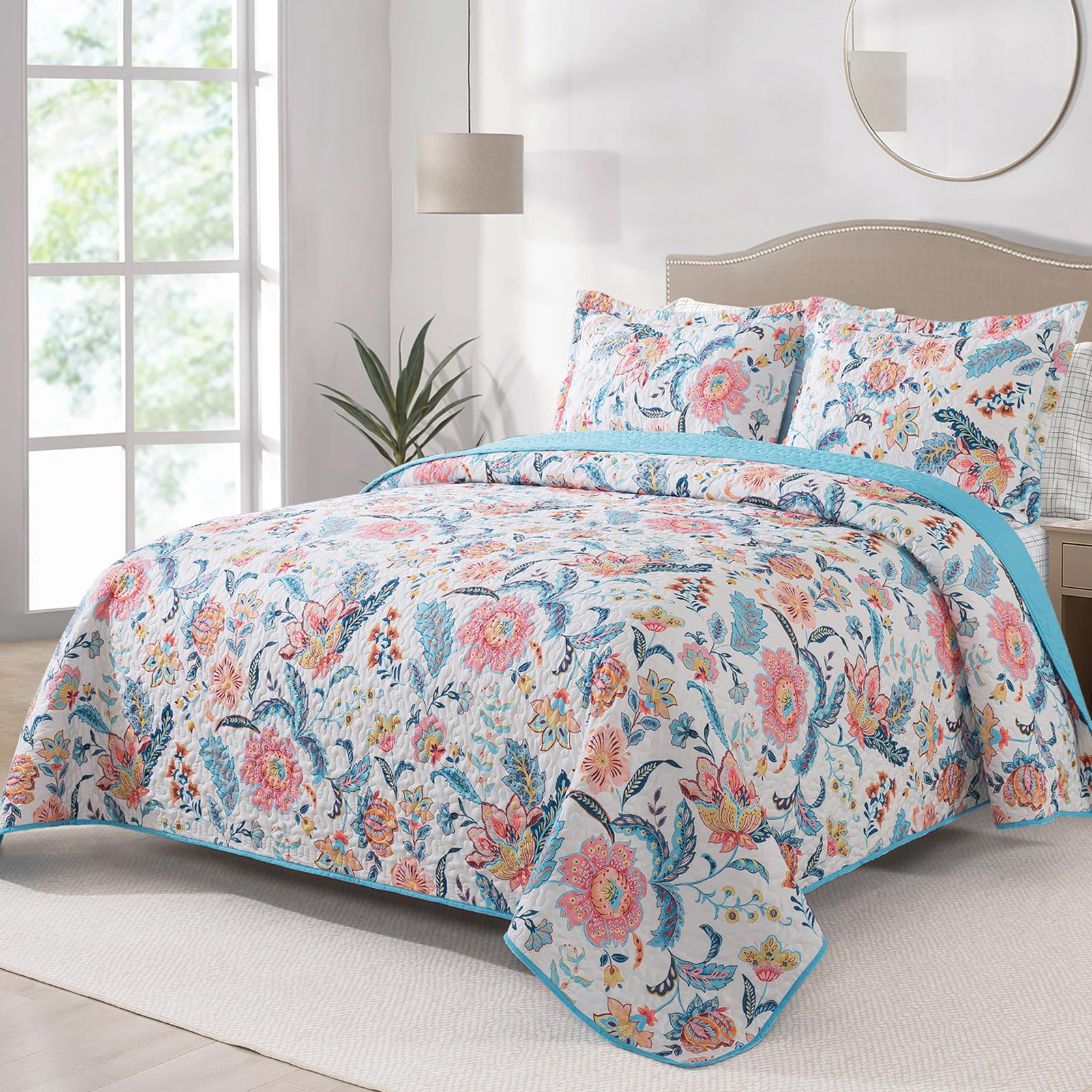 BEDIFANY Cotton King Size Quilt Sets, Lightweight King Quilt Bedding Set (98 x 106 inch) Garden Style Floral Bedspread King Size Coverlet Set for Bed Decorations - All Seasons, 3 Pieces