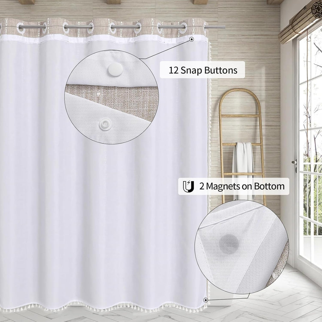 MitoVilla No Hooks Required Boho Farmhouse Shower Curtain with Snap-in Liner, Taupe Cotton Linen Fabric Shower Curtains with Tassels for Rustic Neutral Bathroom Decor,72 x 74
