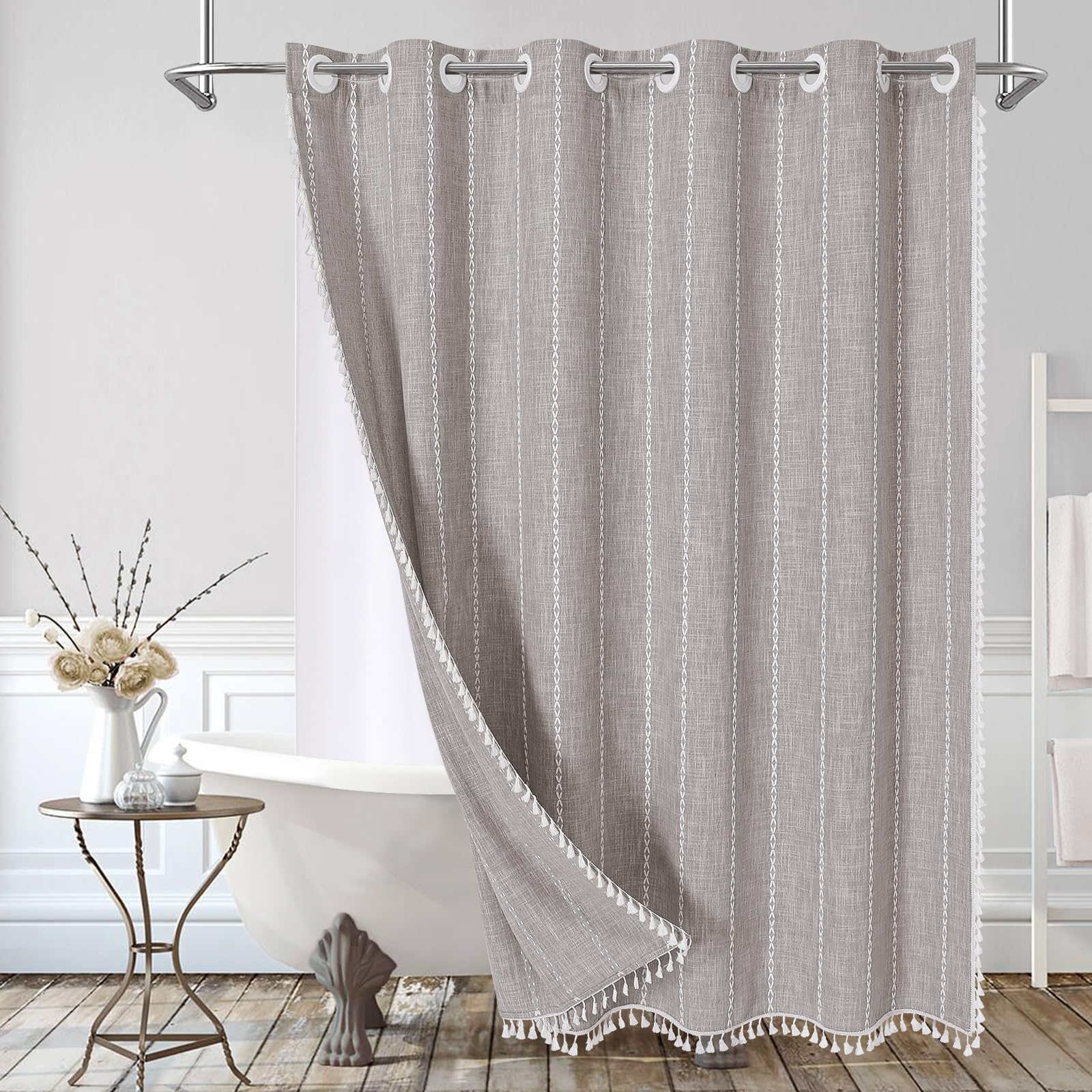 MitoVilla No Hooks Required Boho Farmhouse Shower Curtain with Snap-in Liner, Taupe Cotton Linen Fabric Shower Curtains with Tassels for Rustic Neutral Bathroom Decor,72 x 74