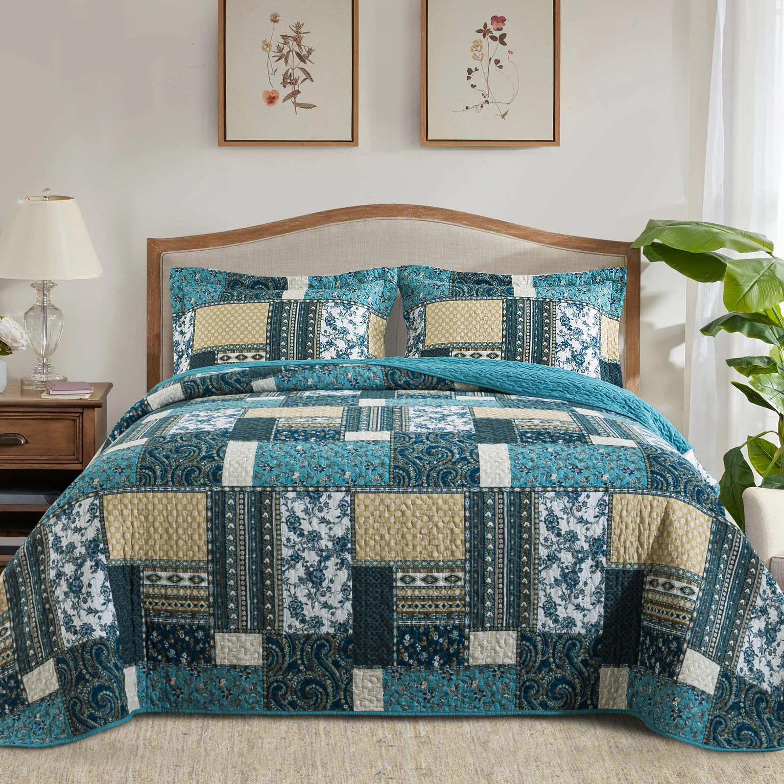 BEDIFANY Cotton King Size Quilt Sets, Lightweight King Quilt Bedding Set (98 x 106 inch) Garden Style Floral Bedspread King Size Coverlet Set for Bed Decorations - All Seasons, 3 Pieces