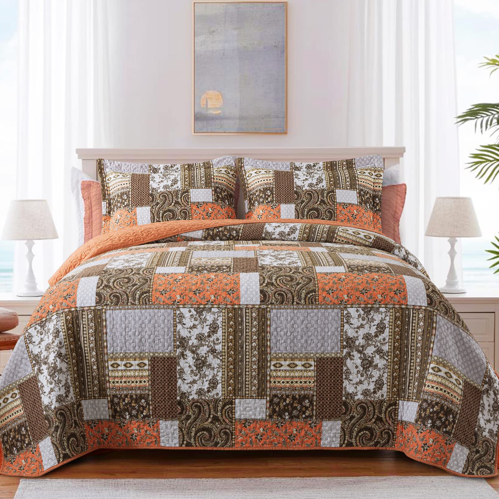 BEDIFANY Cotton King Size Quilt Sets, Lightweight King Quilt Bedding Set (98 x 106 inch) Garden Style Floral Bedspread King Size Coverlet Set for Bed Decorations - All Seasons, 3 Pieces