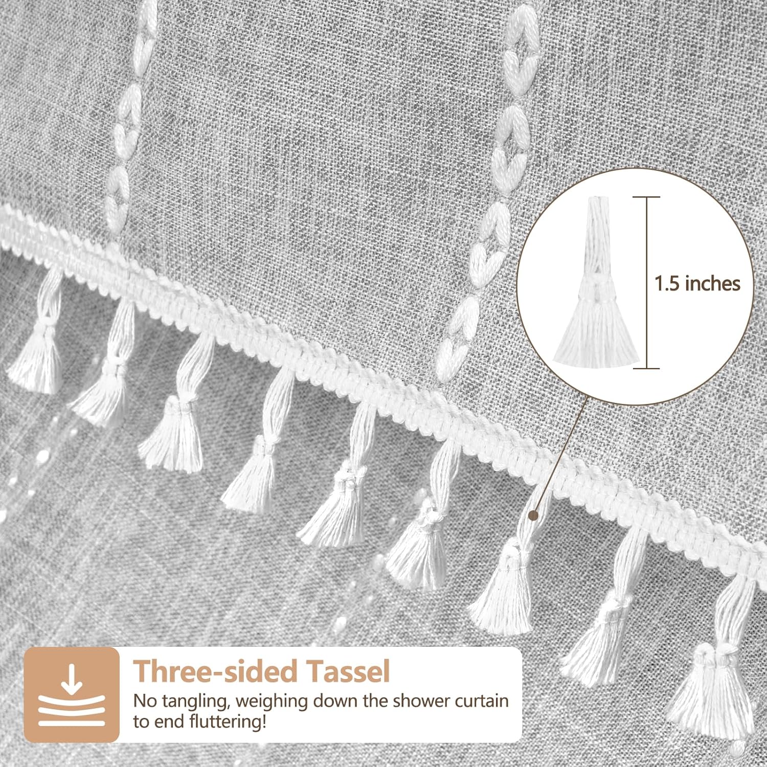 Boho Chic Shower Curtain Heavyweight with Tassels, Grey Linen Textured Soft Fabric Farmhouse Shower Curtain Water Repellent, 72 x 72 Inch Elegant Gray Striped Bathroom Curtain Wrinkle-Resistant
