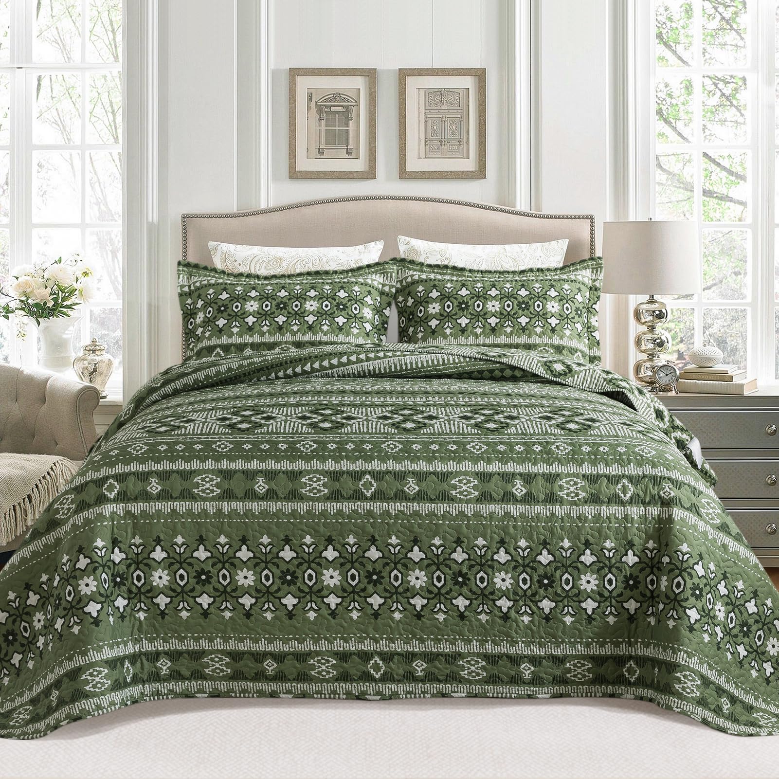 BEDIFANY Cotton King Size Quilt Sets, Lightweight King Quilt Bedding Set (98 x 106 inch) Garden Style Floral Bedspread King Size Coverlet Set for Bed Decorations - All Seasons, 3 Pieces