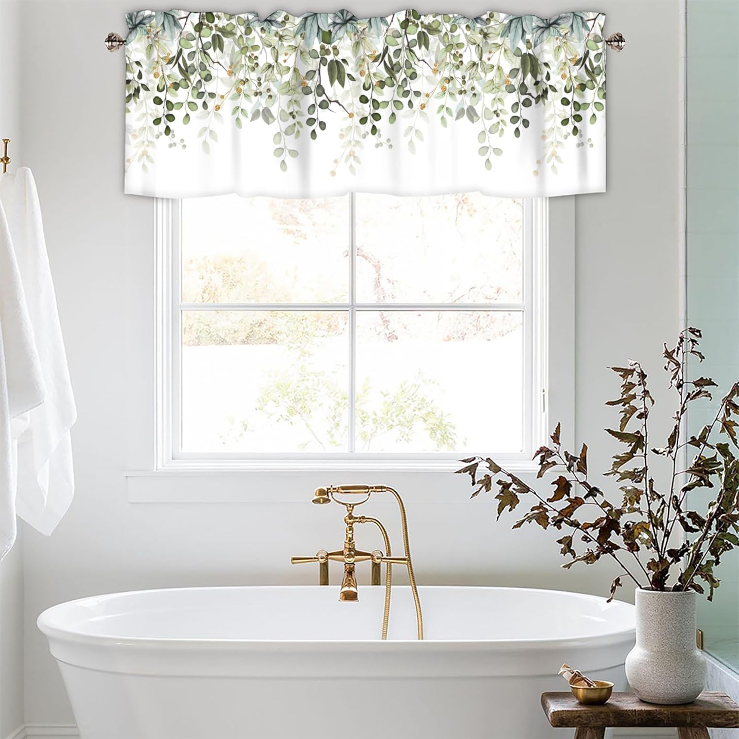 Sage Green Eucalyptus Leaves Curtain Valance for Windows Watercolor Window Treatments 2 Panels Short Curtains for Kitchen Windows Bathroom Bedroom,54 x 18 Inch