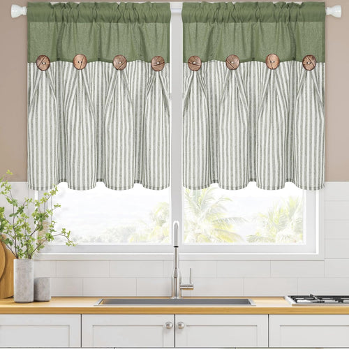 ASPMIZ Linen Kitchen Curtains 24 Inch Length, Farmhouse Boho Button Kitchen Window Curtain Over Sink, Green Striped Short Curtains for Small Windows, Bathroom, Rod Pocket Window Treatment Tiers