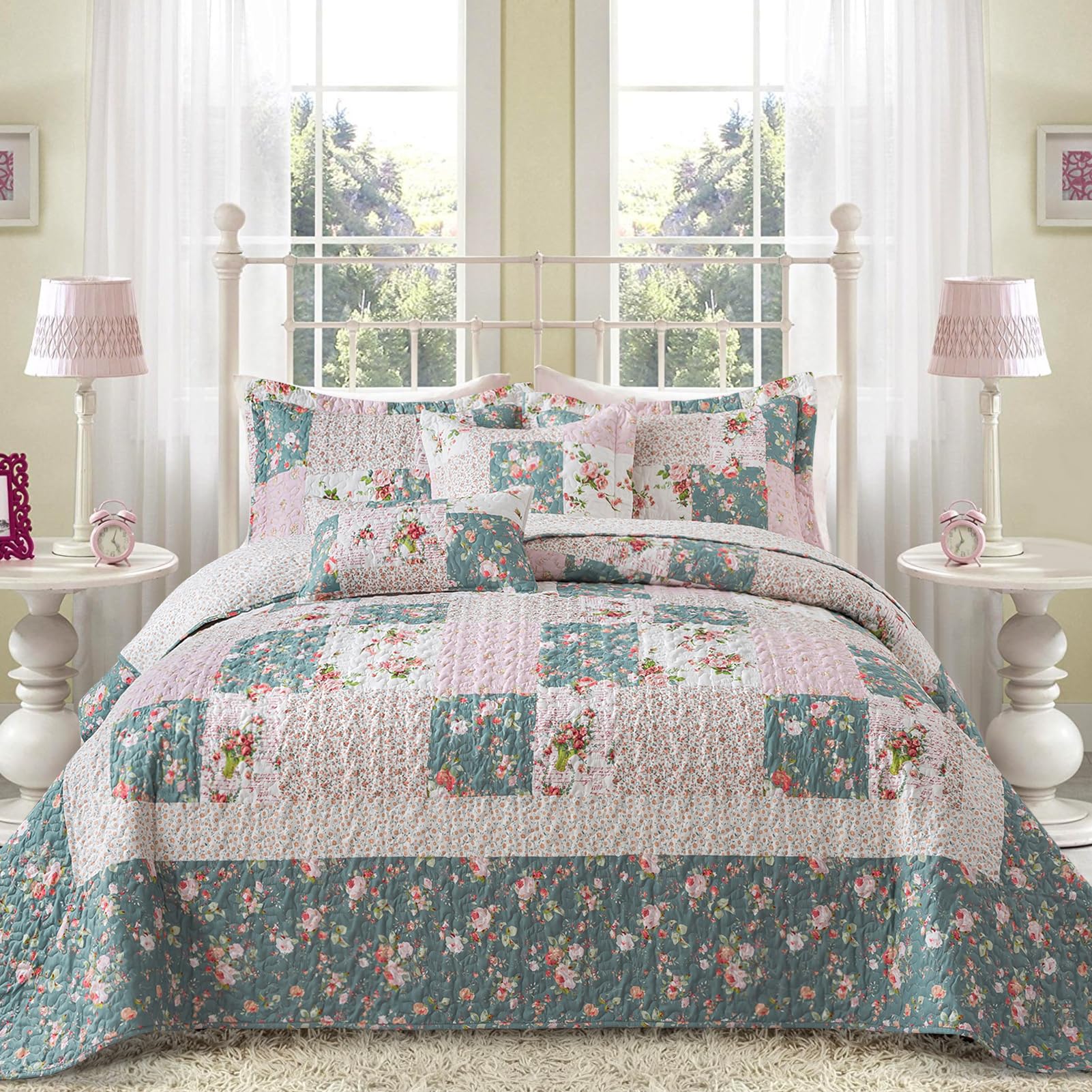 BEDIFANY Cotton King Size Quilt Sets, Lightweight King Quilt Bedding Set (98 x 106 inch) Garden Style Floral Bedspread King Size Coverlet Set for Bed Decorations - All Seasons, 3 Pieces