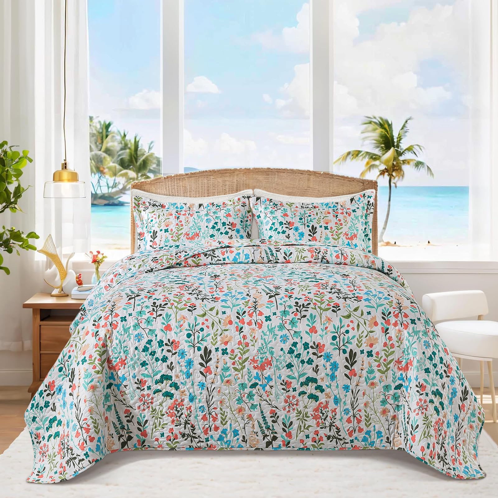 BEDIFANY Cotton King Size Quilt Sets, Lightweight King Quilt Bedding Set (98 x 106 inch) Garden Style Floral Bedspread King Size Coverlet Set for Bed Decorations - All Seasons, 3 Pieces