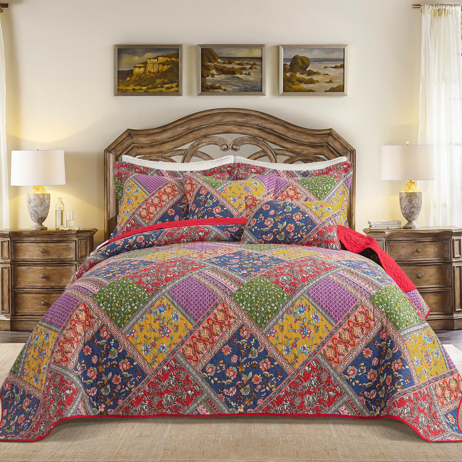 BEDIFANY Cotton King Size Quilt Sets, Lightweight King Quilt Bedding Set (98 x 106 inch) Garden Style Floral Bedspread King Size Coverlet Set for Bed Decorations - All Seasons, 3 Pieces