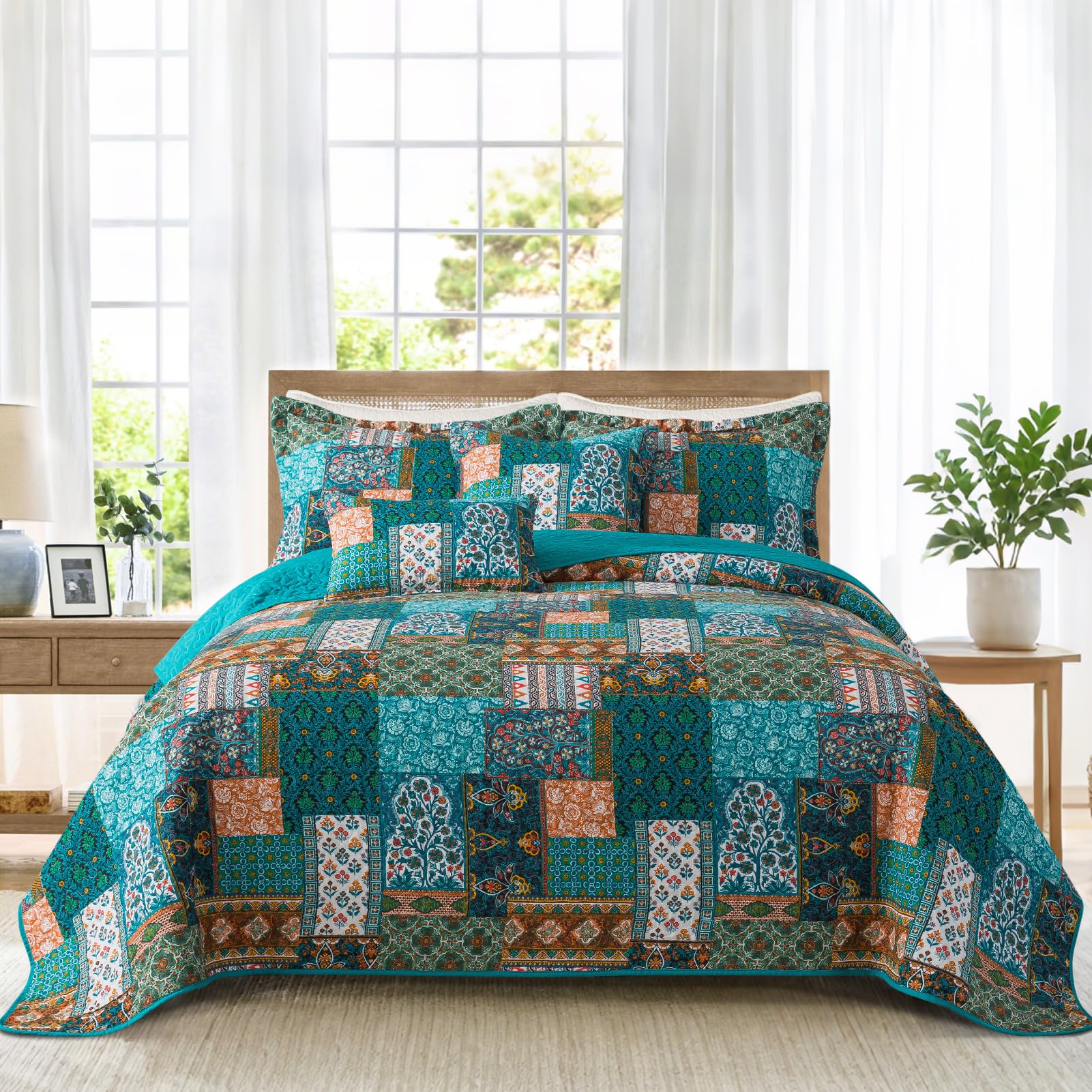 BEDIFANY Cotton King Size Quilt Sets, Lightweight King Quilt Bedding Set (98 x 106 inch) Garden Style Floral Bedspread King Size Coverlet Set for Bed Decorations - All Seasons, 3 Pieces