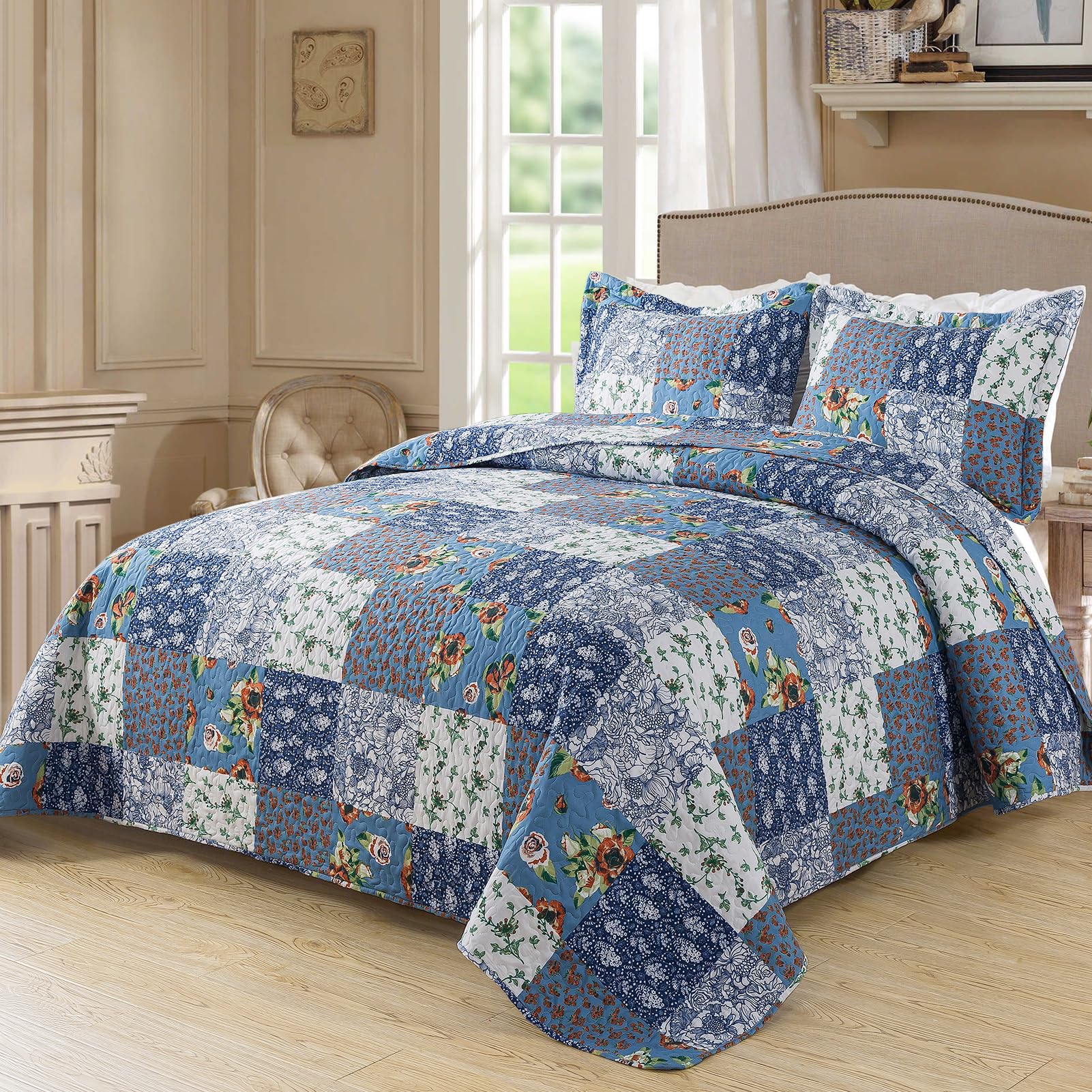 BEDIFANY Cotton King Size Quilt Sets, Lightweight King Quilt Bedding Set (98 x 106 inch) Garden Style Floral Bedspread King Size Coverlet Set for Bed Decorations - All Seasons, 3 Pieces