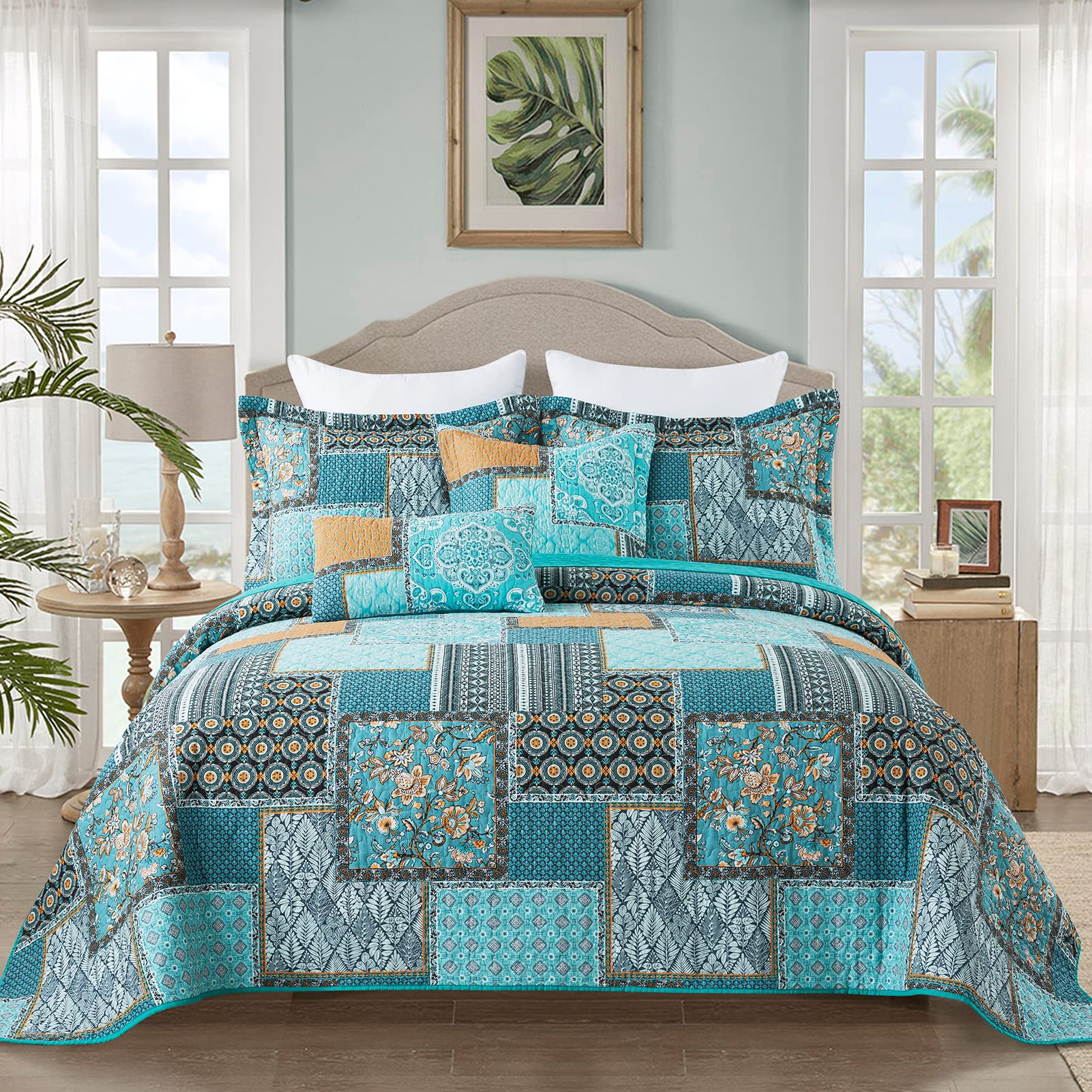 BEDIFANY Cotton King Size Quilt Sets, Lightweight King Quilt Bedding Set (98 x 106 inch) Garden Style Floral Bedspread King Size Coverlet Set for Bed Decorations - All Seasons, 3 Pieces