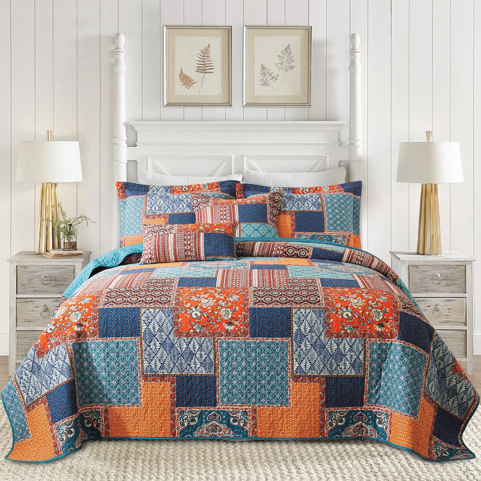 BEDIFANY Cotton King Size Quilt Sets, Lightweight King Quilt Bedding Set (98 x 106 inch) Garden Style Floral Bedspread King Size Coverlet Set for Bed Decorations - All Seasons, 3 Pieces