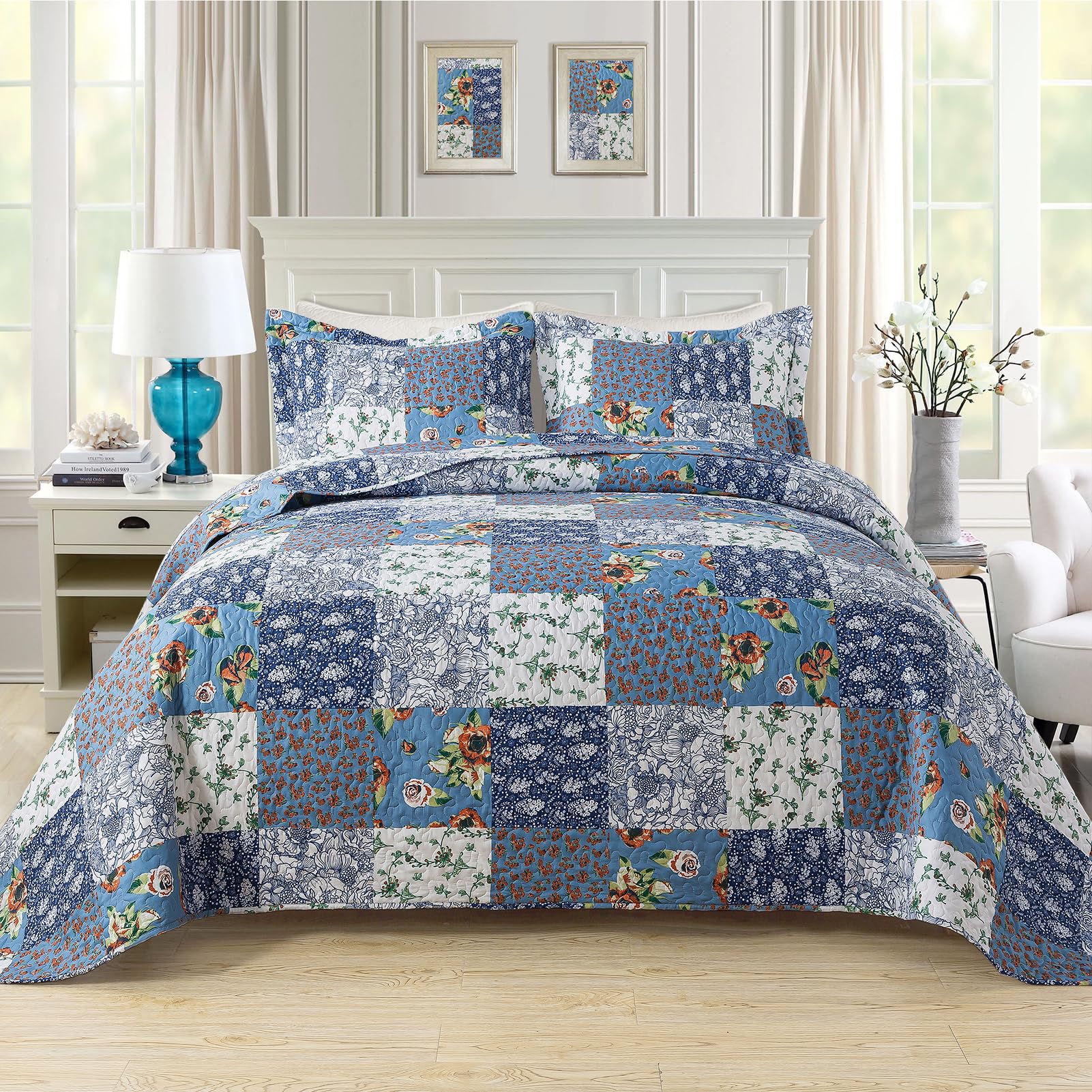 BEDIFANY Cotton King Size Quilt Sets, Lightweight King Quilt Bedding Set (98 x 106 inch) Garden Style Floral Bedspread King Size Coverlet Set for Bed Decorations - All Seasons, 3 Pieces