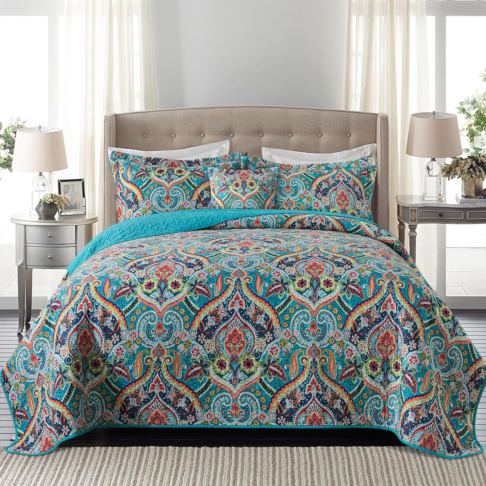 BEDIFANY Cotton King Size Quilt Sets, Lightweight King Quilt Bedding Set (98 x 106 inch) Garden Style Floral Bedspread King Size Coverlet Set for Bed Decorations - All Seasons, 3 Pieces